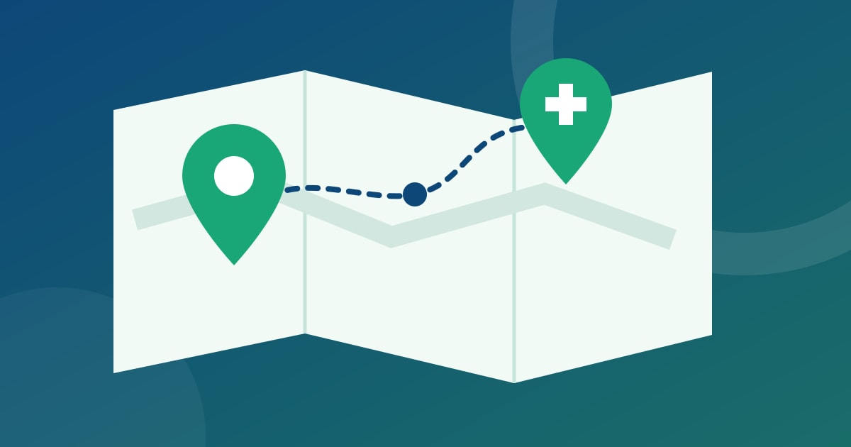 Ilustração de um mapa com pontos de atendimento conectados por uma rota.